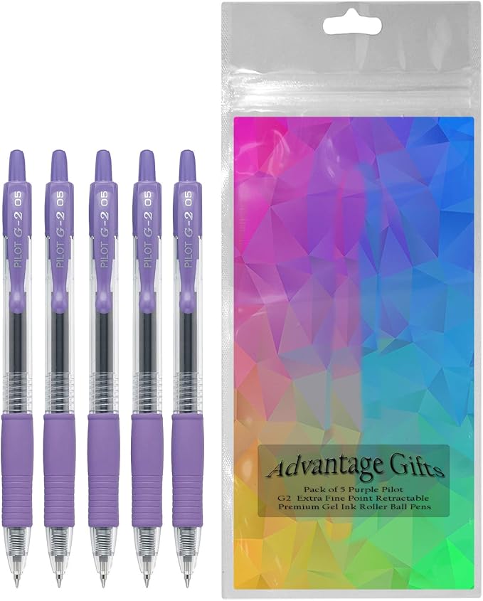 G2 Retractable Premium Gel Ink Roller Ball Pens Extra Fine Point (.5mm) Purple Ink 5 pack; Refillable & Premium Comfort Grip Bundle with Plastic Reusable Pouch