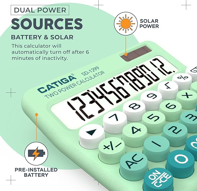 CATIGA Mechanical Switch Calculator with Solar and Battery Dual Power, 12-Digit Large LCD Display, Aesthetic and Cute Desktop Calculator with Big Button, for Home, School and Office Use, SD-1299