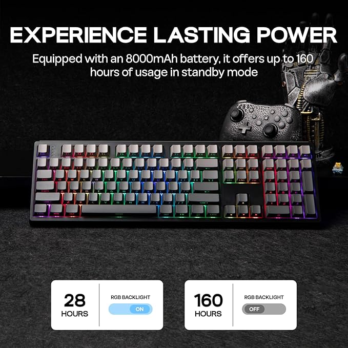 EPOMAKER TH108 Full Size Mechanical Keyboard, Wireless Gaming Keyboard with 8000mAh Battery, Creamy Gasket, 108 Keys, Hot Swap, Custom Driver, RGB Backlight (Black, Sea Salt Silent)