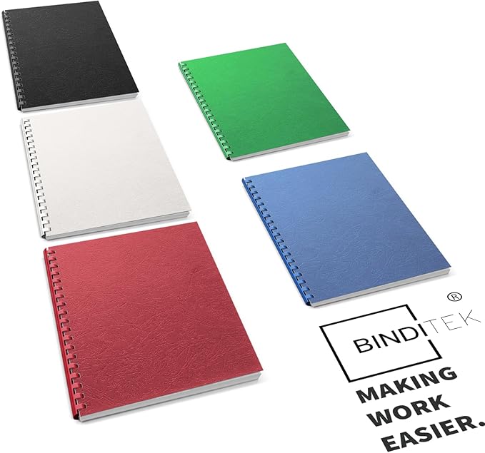 Binditek 100 Pack 13Mil Grain Texture Paper Binding Presentation Covers, 8-1/2 x 11 Inches 90lb, 250 GSM, Un-Punched, 5 Multi Colors (Black, White, Red, Green, Blue)