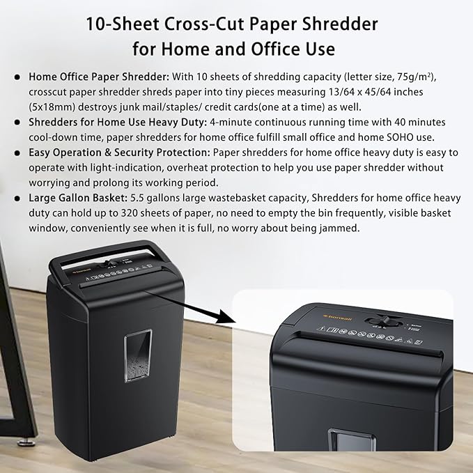 Bonsaii 10-Sheet Cross-Cut Shredder, Heavy-Duty Paper Shredder for Home Office, Handles Credit Cards, Staples, and Paper Clips, 5.5-Gallon Bin with Clear Viewing Window