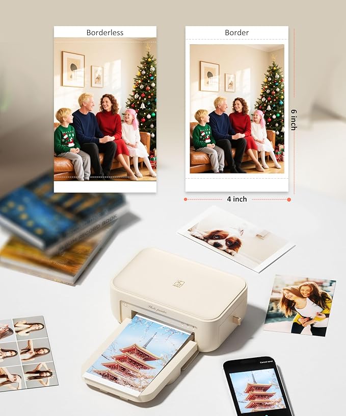 CP4100 4x6 Photo Printer with 108 Sheets & 2 Ribbons, Full-Color Thermal Dye Sublimation Wi-Fi Printing, Portable Instant Picture Printer for iPhone/Android, AR Video, Fun App, Home Use, Beige