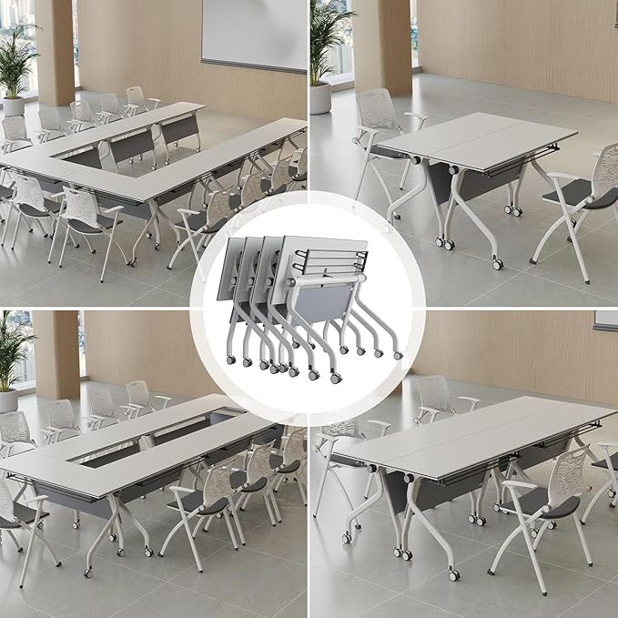 Conference Table, Folding Conference Desk Modern White, Seminar Table with Wheels, 2-10 People for Office, Meeting Break Room(6, 1606YH, 55IN)