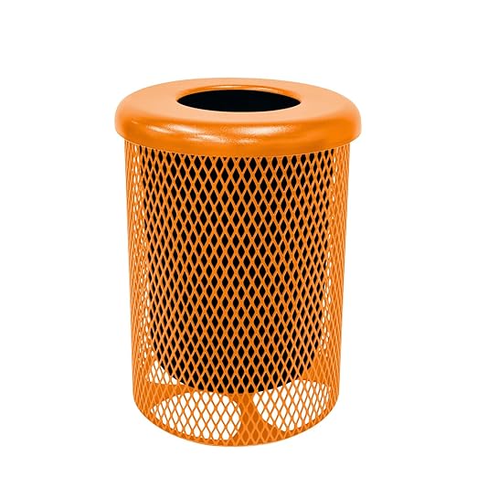 Coated Outdoor Furniture 32-Gallon Heavy-Duty Expanded Metal Round Trash Receptacle, Commercial Outdoor Waste Bin with Liner & Black Flate Top Lid – Made in America (Textured Orange)