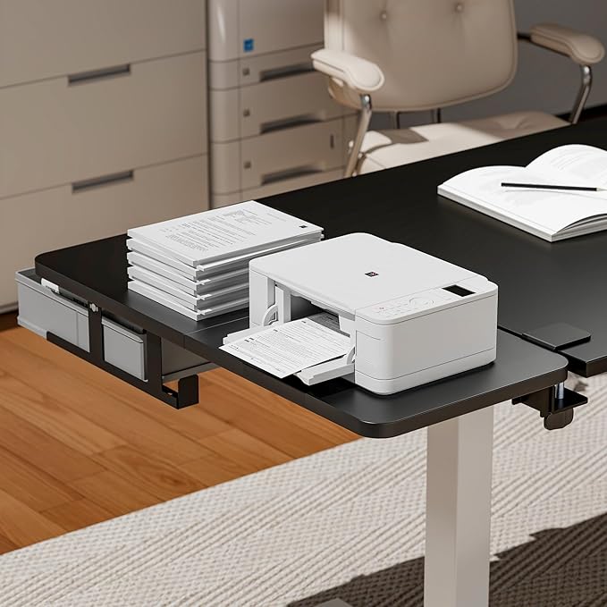 Desk Extender Tray, 28" x 12" Clamp On Desk Shelf, Desk Extension with Storage Drawer, Table Desk Arm Rest, Clamp On Keyboard Tray for Office and Home, Workstation Organizer, Large, Black