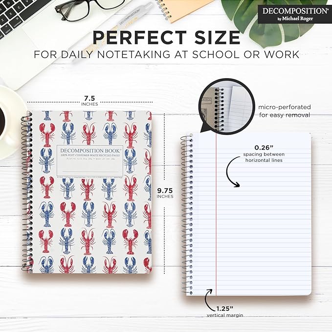 Decomposition Lobsters College Ruled Spiral Notebooks – 9.75 x 7.5 Journal with 160 Lined Pages – Notebooks for School Supplies, Home & Office – 100% Recycled Paper – Made in USA