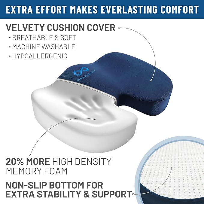 Everlasting Comfort Doctor Recommended Memory Foam Seat Cushion for Office Chairs & Car Seat - Ergonomic Office Desk Accessories for Tailbone Pain Relief, Sciatica & Back Support