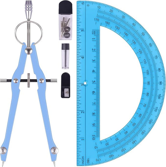 Compass and Protractor Set, Professional Drawing Compass Tool, Metal Compass with Extra Refills, Compass for Geometry and 6 Inch Math Protractors 180 Degree (Blue)