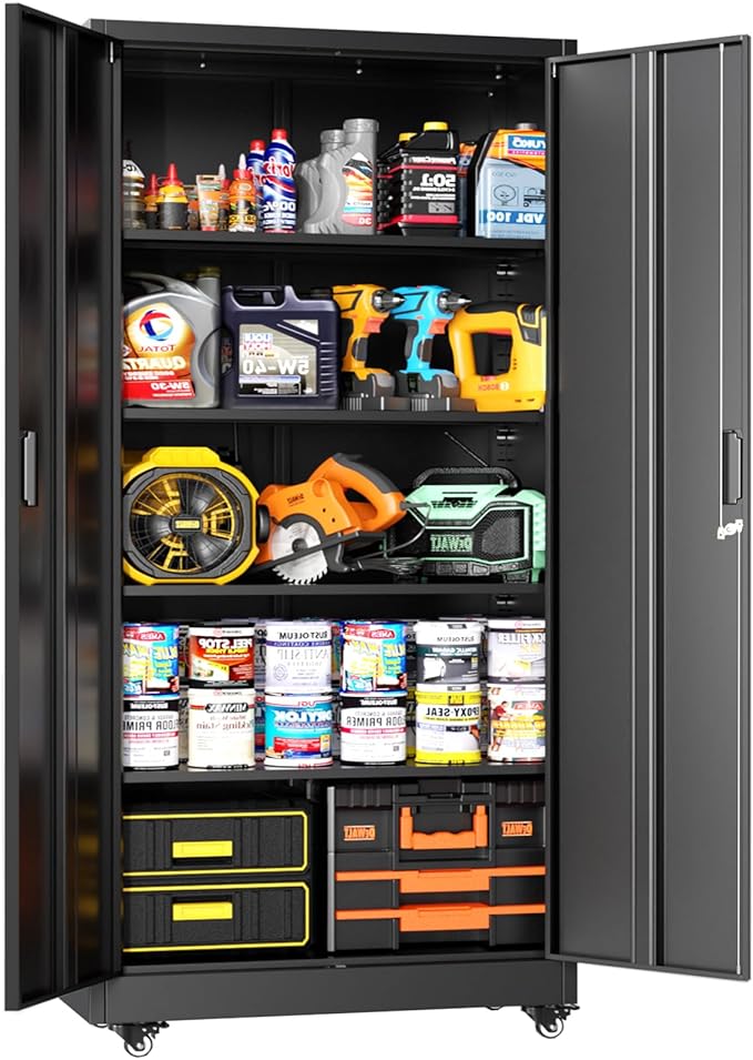 Greenvelly 74" Metal Storage Cabinet with Wheels, Lockable Rolling Metal Garage Cabinets with 2 Doors and 4 Adjustable Shelves, Rolling Tool Cabinet for Garage, Home Office, School