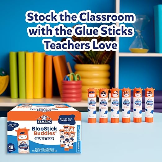 Elmer's BlooStick Buddies Glue Sticks, Disappearing Blue Glue Stick, Anti-Roll Cap, 6g, 48 Count