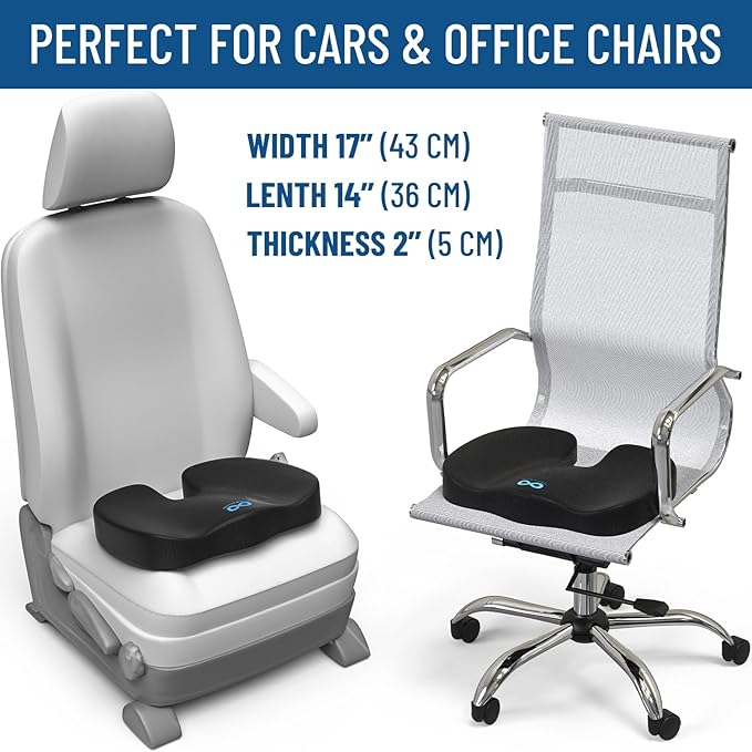 Everlasting Comfort Doctor Recommended Memory Foam Seat Cushion for Office Chairs & Car Seat - Ergonomic Office Desk Accessories for Tailbone Pain Relief, Sciatica & Back Support