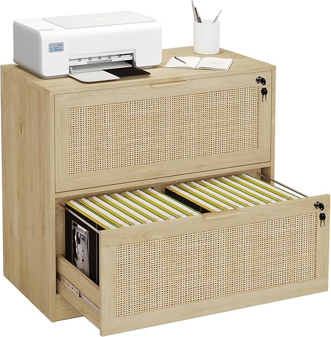 HOPUBUY 2 Drawer File Cabinet with Lock, Printer Stand Lateral Filing Cabinets for Home Office and School, Wood Rattan File Cabinet for Hanging Files/Letter/Legal/A4/F4 Size, Oak