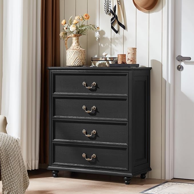 Farmhouse 4 Drawer Dresser Set of 2 for Bedroom, 37" Tall Rustic Chests of Drawers w/ 4 Solid Wood Feet, Mid Century Vintage Wooden Closet Storage Dressers Organizer for Living Room, Black