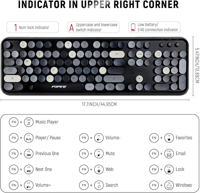 FOPETT Wireless Keyboard and Mouse Combo, 104 Keys Full-Sized 2.4 GHz Round Keycap Colorful Keyboards, USB Receiver Plug and Play, for Windows, Mac, PC, Laptop, Desktop (Grey)