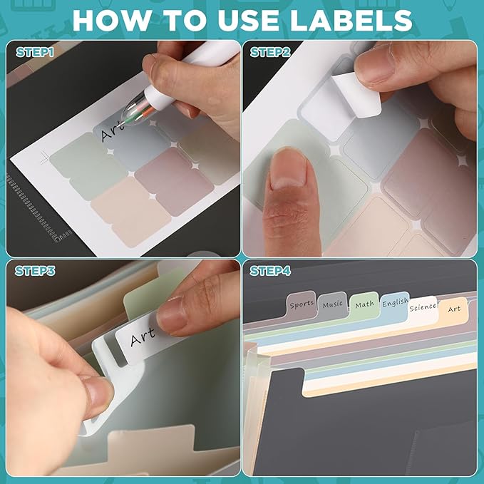 Harloon 4 Pcs Expanding File Folder 13 Pockets File Organizer with Labels A4 Letter Size Receipt Document Organizer Plastic Expandable Filing Folders for Office, Classroom, Home (Morandi Color)