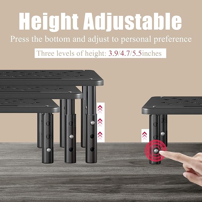 Computer Monitor Stand for Desk,Laptop Stand,Printer Stand,Adjustable and Stackable Height Increasing Storage Rack Suitable for Office, Home, and School Supplies,Black