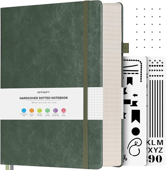 Dotted Journal Notebook, 312 Numbered Pages Large B5 Hardcover Leather Notebook, 100gsm No Bleed Paper Dot Grid Notebook with Index Pages, Dot Journal for Women Men, 7.6'' X 10'', Green