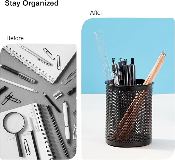 Comix Pen Holder Desk Organizer, Wire Mesh Pencil Cup with Foam Pad and Non-Slip Bottom Office Supplies Desk Accessories for Home Office School, 2 Packs