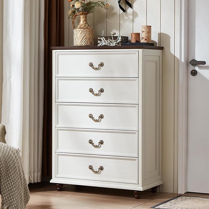 Farmhouse 5 Drawer Dresser Set of 2 for Bedroom, 45" Tall Rustic Chests of Drawers w/ 4 Solid Wood Feet, Mid Century Vintage Wooden Closet Storage Dressers Organizer for Living Room, White