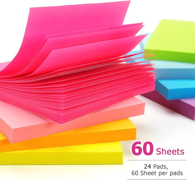 Early Buy 24 Pads Sticky Notes 8 Bright Color Self-Stick Notes 3 in x 3 in, 60 Sheets/Pad
