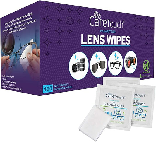 Care Touch Lens Wipes for Eyeglasses- 400 Count Individually Wrapped Pre- Moistened Wipes, 5 x 6 Inch- Camera Lens, Sunglasses and Glasses Cleaner,- Gentle and Portable for Cleaning of Optical Devices