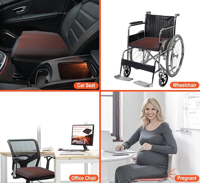 Car Seat Cushion, Comfort Memory Foam Car Cushions for Driving - Sciatica & Lower Back Pain Relief, Driver Seat Pillow for Auto, Office Chair, Wheelchair - Brown