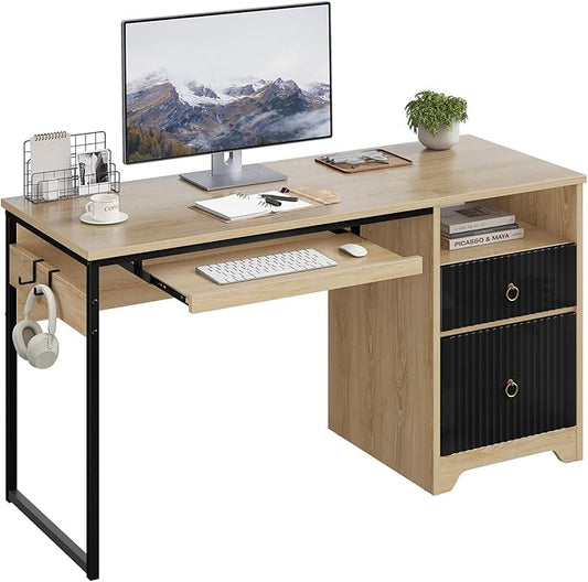 Bestier 55 Inch Computer Desk with Keyboard Tray, Modern Office Desk with Storage, Wood Writing Desk with File Drawer, Fluted Panel & 2 Hooks for Home Office & Studio, Natural Oak