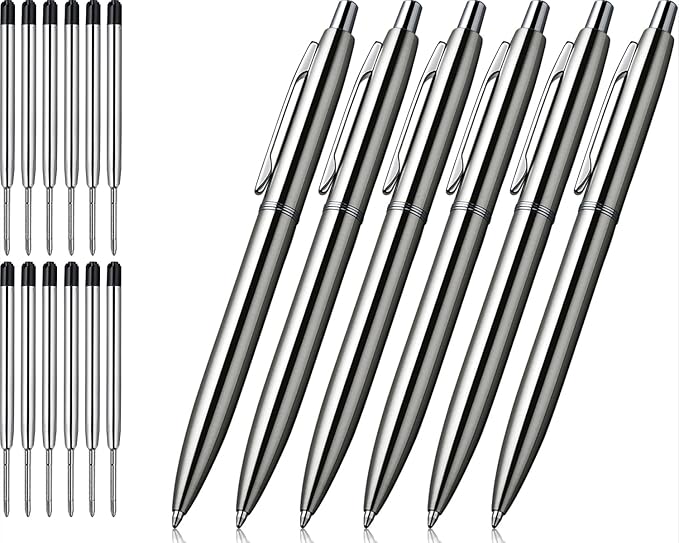 ChaoQ 6 Pcs Retractable Metal Ballpoint Pens, for Gift, Business, Office, 1.0mm Medium Point Black Ink, 12 Extras Replaceable Metal Refills - Stainess Steel