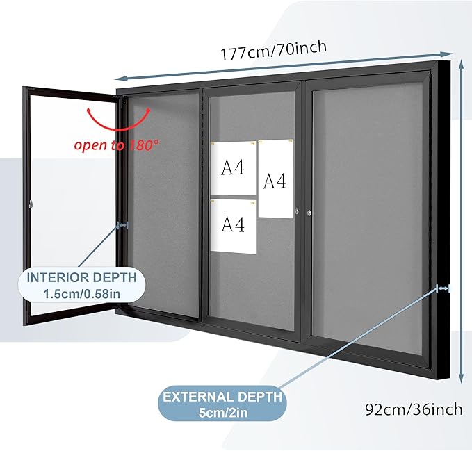 Enclosed Bulletin Board Outdoor Noticeboard with Locking Door, Weather-Resistant, Grey Felt, Black Aluminum Frame, 70 x 36 in