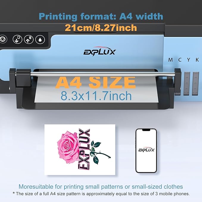 EXPLUX A4 DTF Printer,with XP600 printhead with Anti-Clogging Technology + 200% high Speed Printing,for DIY T-Shirt,Other Textiles,2-Year Ink Included