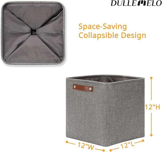 DULLEMELO 12 inch Cube Storage Bins, Large Collapsible Grey Storage Baskets for Square Cubes Organizing, Fabric Boxes Bins for Shelves Nursery Home Office Storage(4 Pack - 12" Grey)
