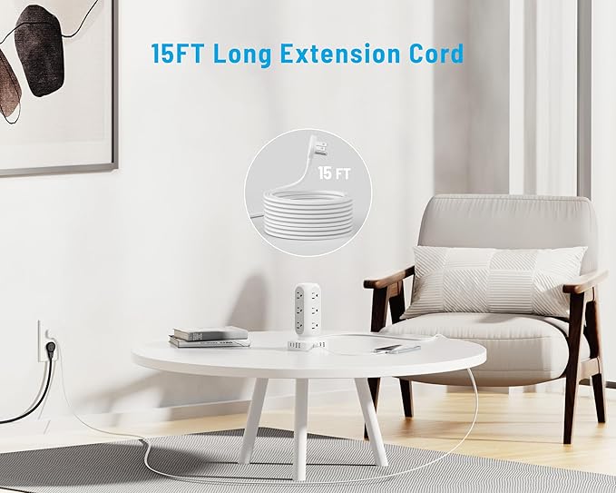 Flat Plug Power Strip Tower, 40W Total Fast Charging Station, Dual PD 20W USB-C Surge Protector with 12 AC Outlets and 8 USB Ports (4 USB C), 15FT Extension Cord for Home Office Dorm Room