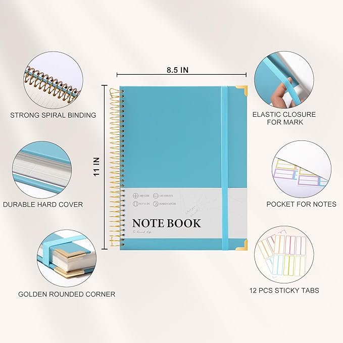 FLYING EAGLE Blue Spiral Notebook College Ruled 8.5 X 11 with Tab Stickers Large Hardcover Notebooks for School Supplies A4 Note Book Journal Notebooks for Work Note Taking Office, 200 Pages