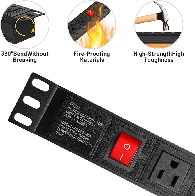 BTU Power Strip Surge Protector Rack-Mount PDU, 8 Right Angle Outlets Wide-Spaced, Mountable Power Strip Heavy Duty for Server Racks, Commercial, 300J (Black 6FT)