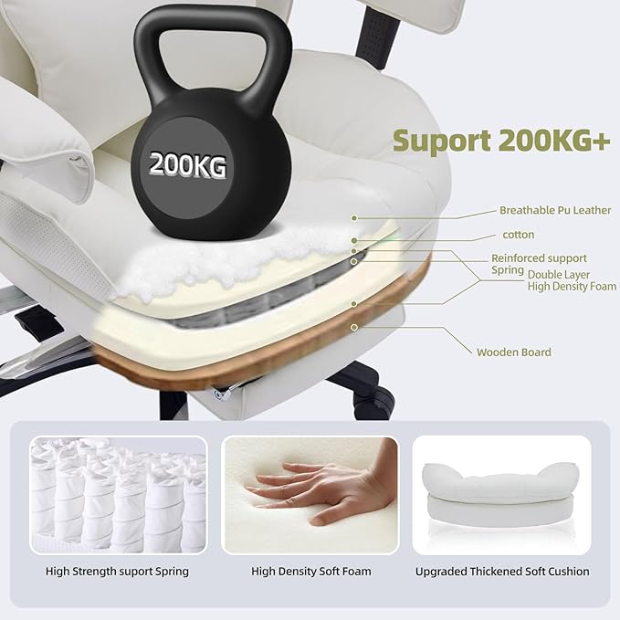 Efomao White Big and Tall Office Chair with Footrest – Ergonomic High-Back Computer Chair with Adjustable Armrests, Wide Seat – Modern Home Office, Gaming & Study Chair for Young Professionals