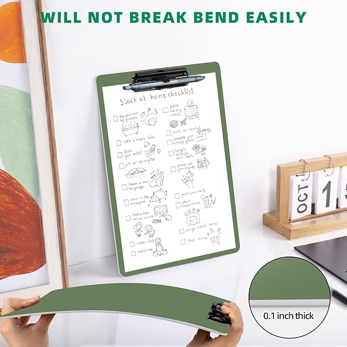 Clipboard with Pen Holder, Plastic Clipboard with Low Profile Metal Clip, Hanging Clip Boards Holds 8.5x11 Inch Papers, Standard A4 Letter Size Clip Boards for Offices & School, Green