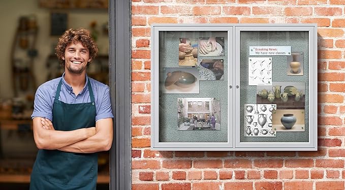 Ghent 36"x60" 2-Door Outdoor Enclosed Vinyl Bulletin Board, Shatter Resistant, with Lock, Satin Aluminum Frame - Silver (PA23660VX-193), Made in The USA