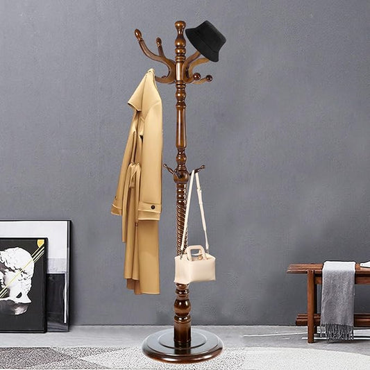 Coat Racks FreeStanding with 11 Hooks, Natural Wood Coat Rack with Solid Round Base, Adjustable Height Coat Racks, Easy Assembly for Hallway, Bedroom and Office (Walnut-Solid Round Base)