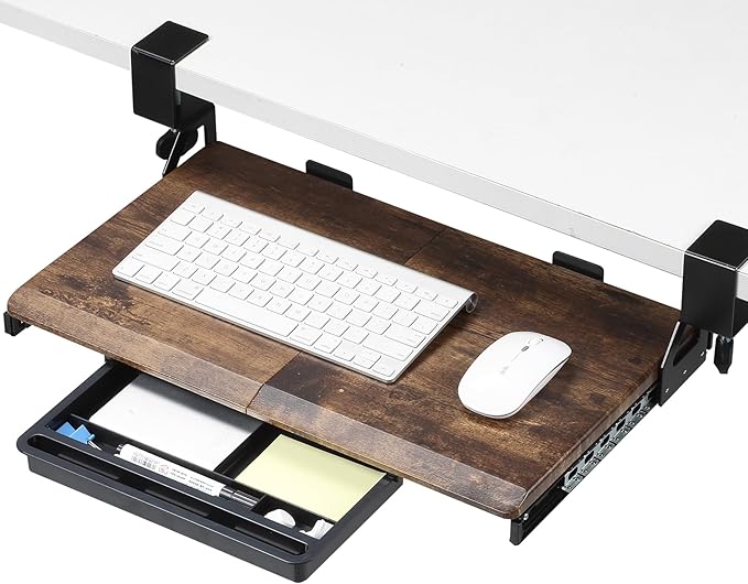 ETHU Keyboard Tray Under Desk, 19.7" X 12.2" Small Size C Clamp Keyboard Drawer Under Desk, Computer Keyboard Stand Slide Pull Out, Ergonomic Keyboard Tray for Home, Office (Wood)