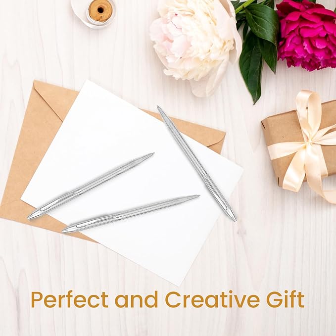 Cambond Ballpoint Pens Fancy Pens - Wedding Guest Book Metal Pen Uniform Christmas Gift Sliver Pen Black Ink 1.0mm Medium Point, 3 Pens with 3 Refills (Silver)