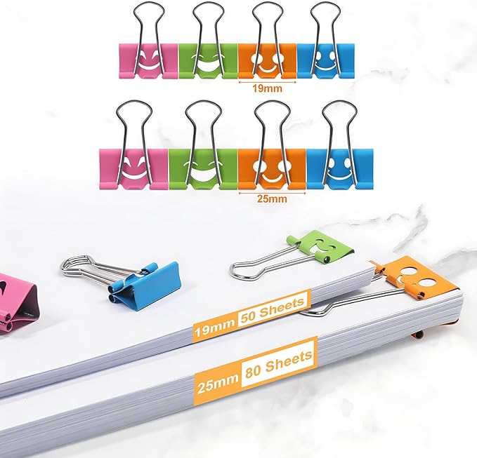 Coideal Smiley Binder Paper Clips - 100 Pcs Assorted Sizes and Colors, Metal Colored Fun Clip Clamps with Cute Smiling Face Design for Office (19mm & 25mm)