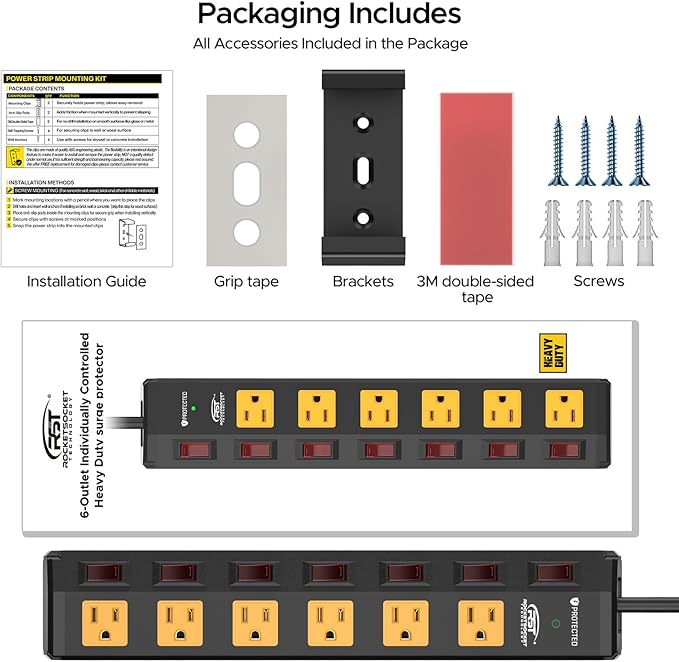 CRST 6 Outlet Metal Heavy Duty Power Strip with Individual Switches, 6FT Wall Mount Garage Power Strip, Surge Protector (1200 Joules), 15amp/1875W, 14AWG SJT Power Cord