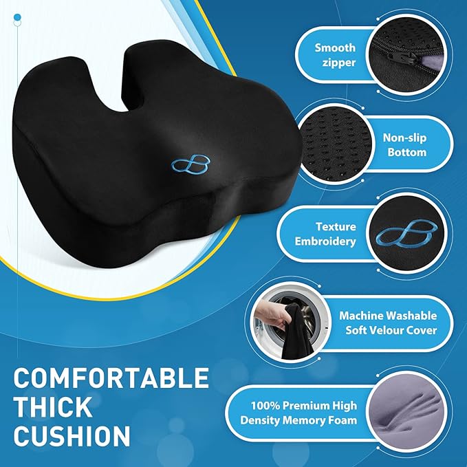 BlissTrends Seat Cushion,5.2in Thick Memory Foam Cushions for Office Chair, Car Seat, Airplane, Relieving Pressure Tailbone Sciatica Back Pain for Long Sitting Office Workers, Car Drivers Black