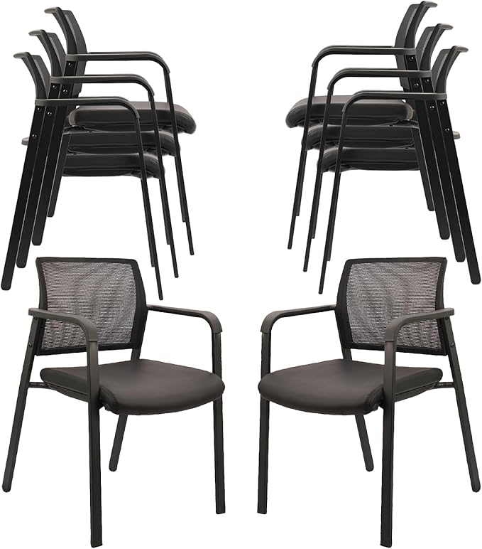 CLATINA Stackable Office Chair, Mesh Back Guest Chairs with Comfortable Leather Seat Arms Stacking Ergonomic Desk Chair No Wheels for Conference Waiting Reception School Stationary, Black, Set of 8