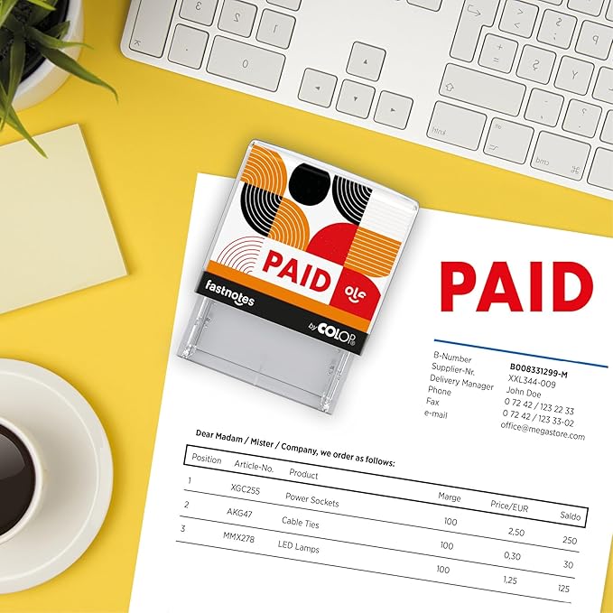 Fastnotes Paid Self-Inking Rubber Stamp by COLOP - Great for Office Documents, Notary, Warehouse, Accounting Paperwork, Business, and Legal Documentation - Red Ink (Paid- Red)