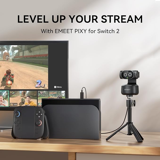 EMEET PIXY Dual-Camera AI-Powered PTZ Camera 4K, AI Tracking, PDAF&AI Autofocus 0.2s, 1/2.55'' Sony Sensor, 3 Mics, Presets, Gesture Control, 4K Webcam for Streaming and OBS/Twitch/Switch 2 Compatible