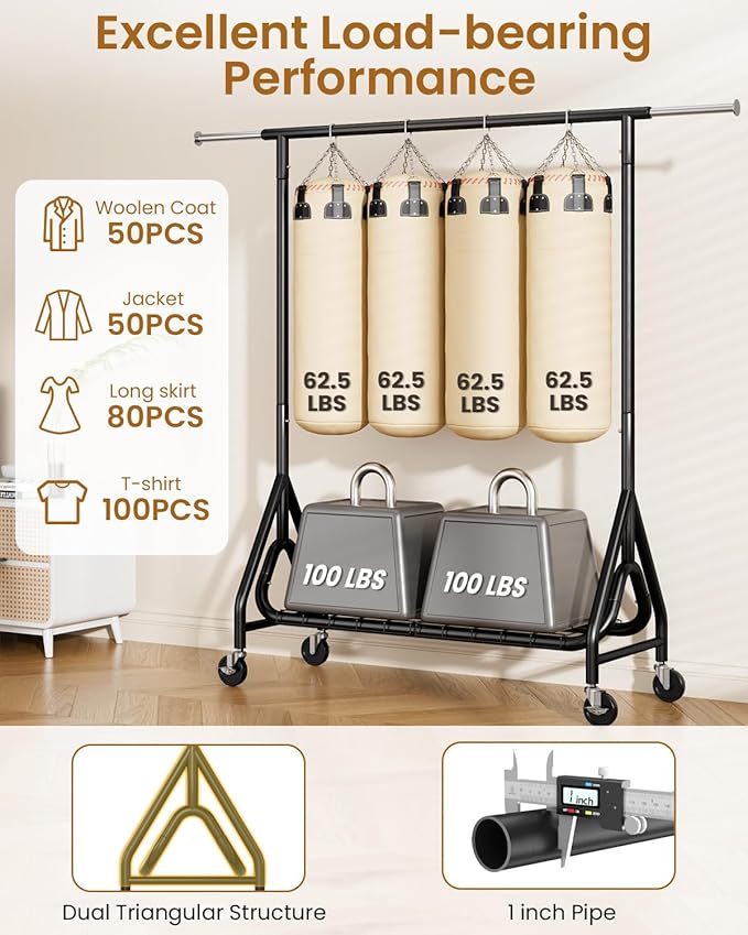 Heavy Duty Clothes Rack, Metal Clothing Rack Load 450 LBS, Rolling Coat Racks for Hanging Clothes with Lockable Wheels, Wardrobe Closet Garment Racks for Bedroom, Black
