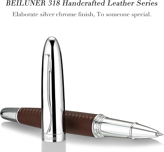 BEILUNER 318 Luxury Leather Pen, Hand-Stitched Premium Leather, Chrome-Plated Finish, Schmidt Ink Refill, Fancy Rollerball Pen Gift Set for Men & Women, Executive Writing, Nice Designer pen