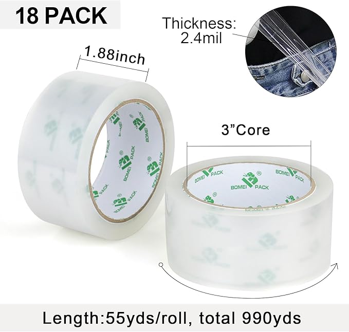 BOMEI PACK Clear Silent Packing Tape 18 Rolls, NO Noise Quiet Tape Refill Rolls for Shipping, Moving and Packaging, 2.4Mil 1.88Inch 55Yards