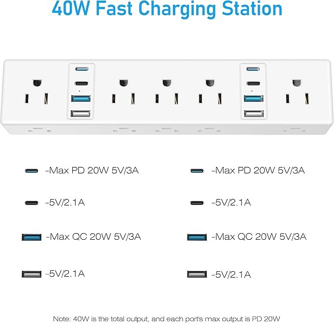 Desk Clamp Power Strip, 40W Fast Charging Station, VILONG Desktop Mount Surge Protector, 8 USB Ports(4 USB-C), 10 AC Outlets and 6Ft Cord, for Home, Office, Fit 1.6" Tabletop Edge
